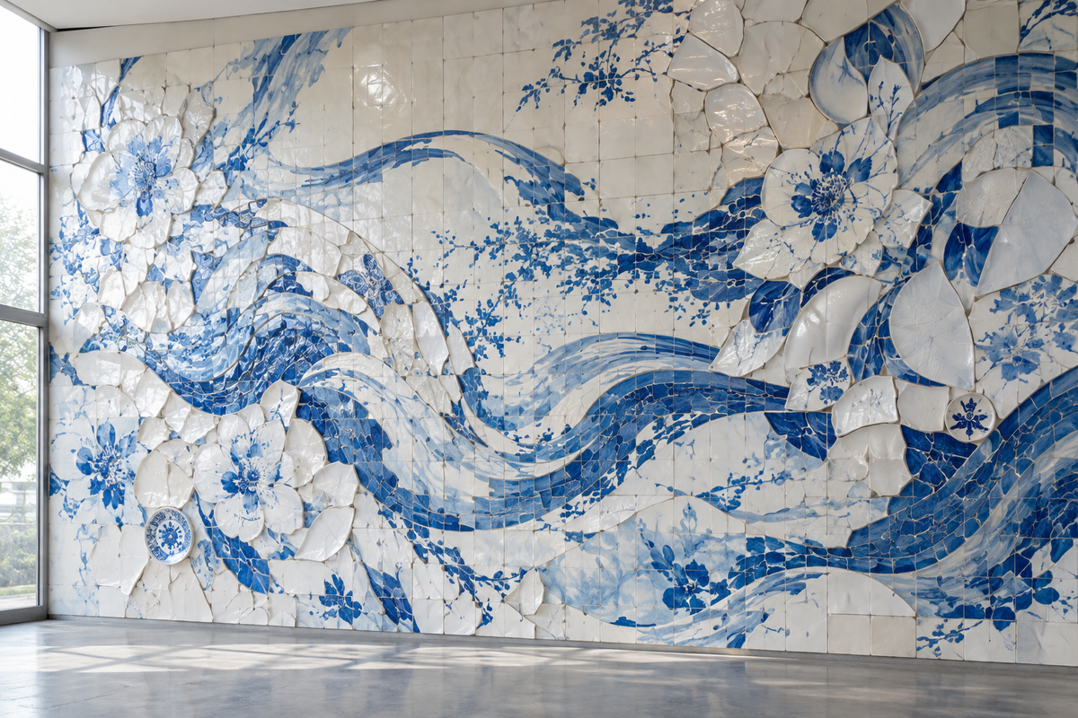 Porcelain mural with blue accents