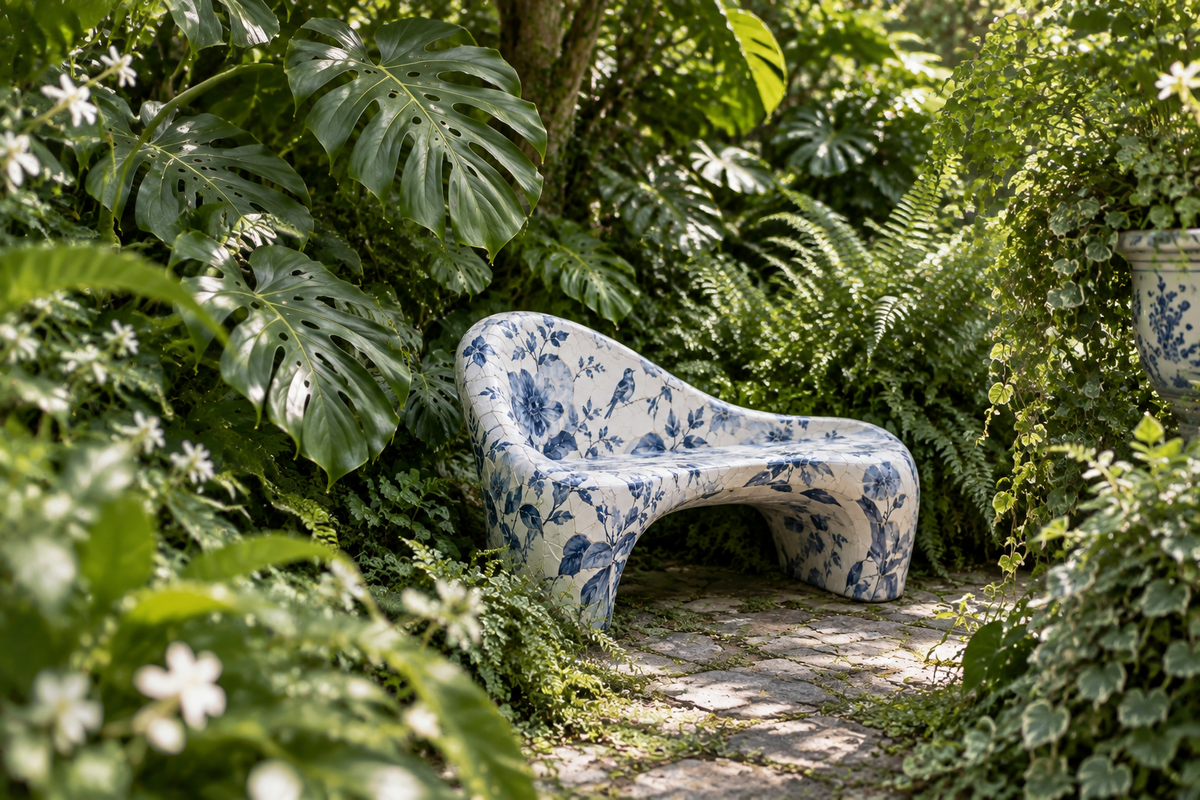 Smaller porcelain garden bench with more surrounding plants